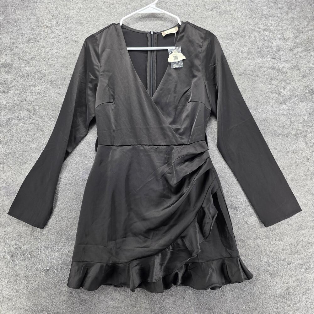 Altar'd State Dress Womens S Black Wrap Short V-Neck Long Sleeve Ruffle